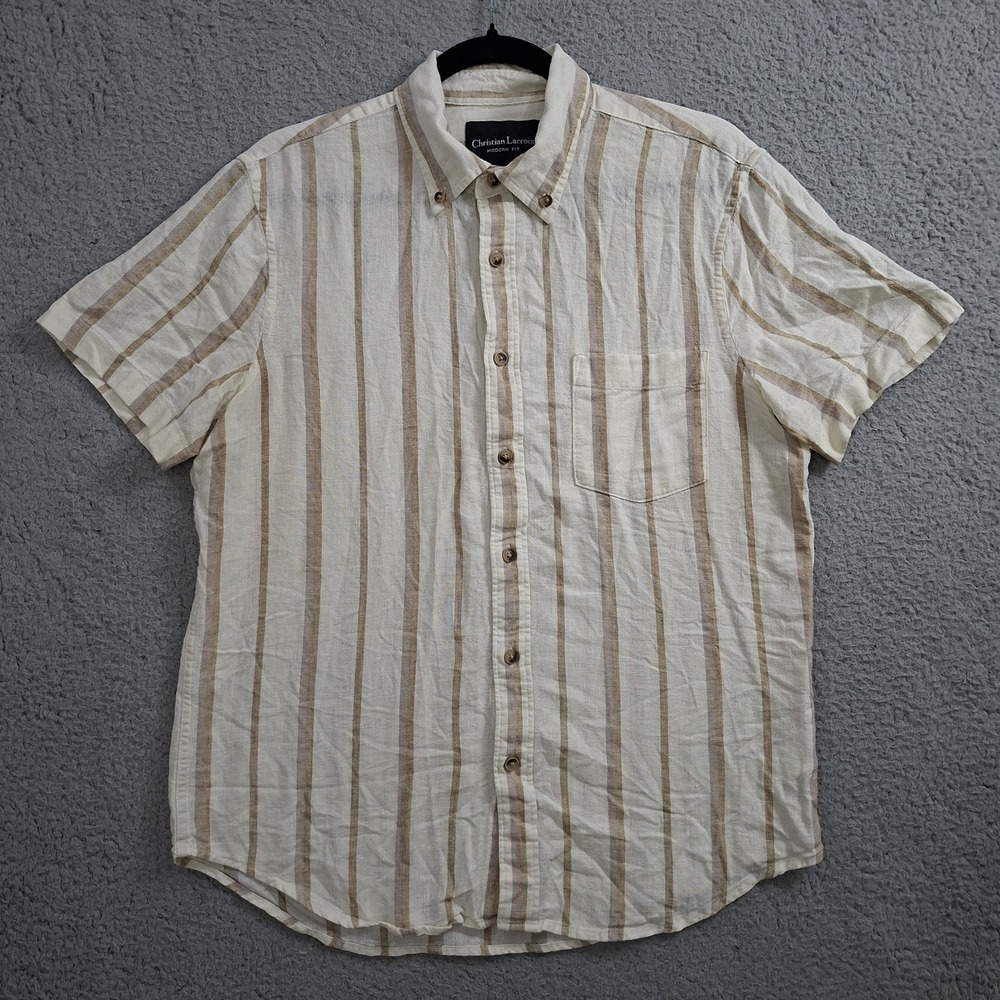 Christian Lacroix Mens M Modern Fit Linen Blend Stripe Shirt Cream Tan Short Slv